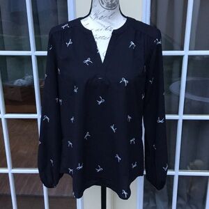 Maurices Black Long-Sleeve Notch-Neck Top with White Bow Print